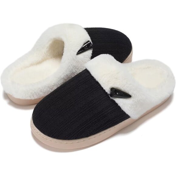 Women's Black Scuff Fuzzy Faux Fur Lining Memory Foam Warm Plush Slippers Shoes - Picture 9 of 9